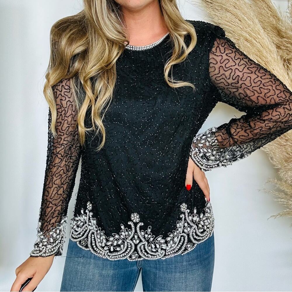 VINTAGE LAURENCE KAZAR Black White Beaded Sequins Bodycon Formal Blouse Shirt L